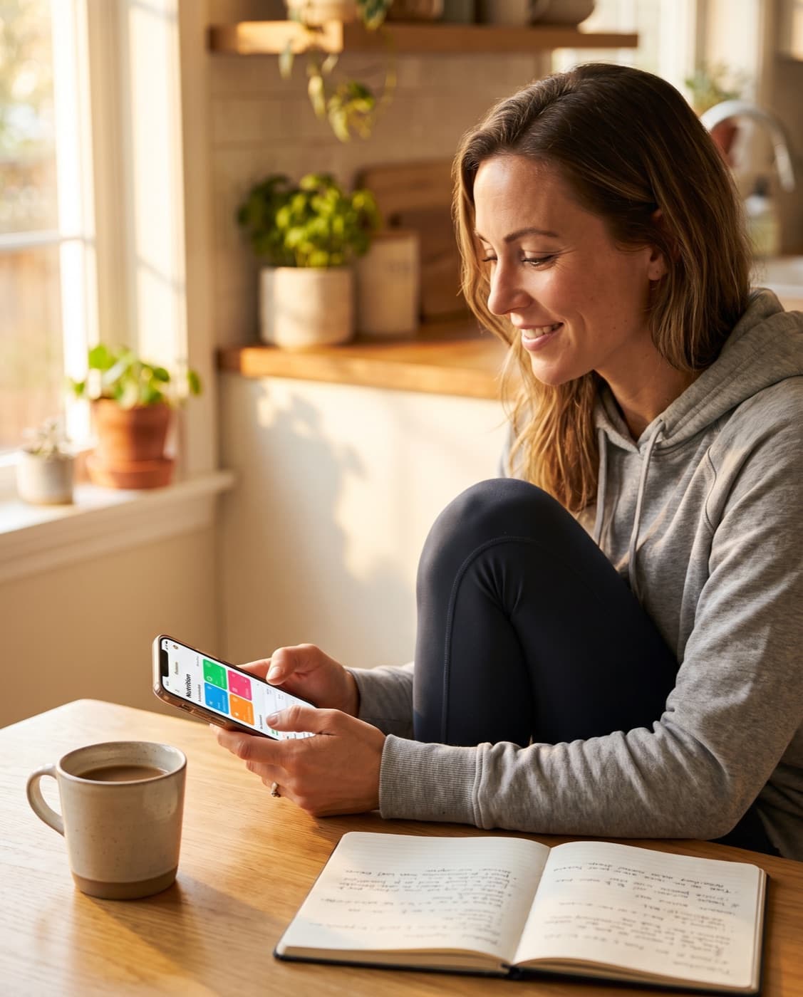 Logging a meal in a nutrition app at the kitchen table