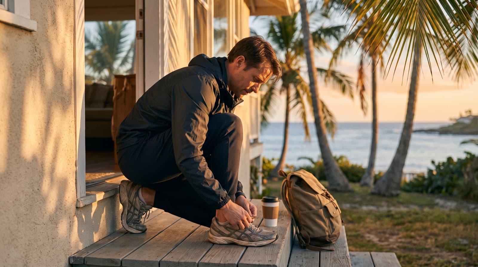 Lacing up shoes at sunrise before a trip