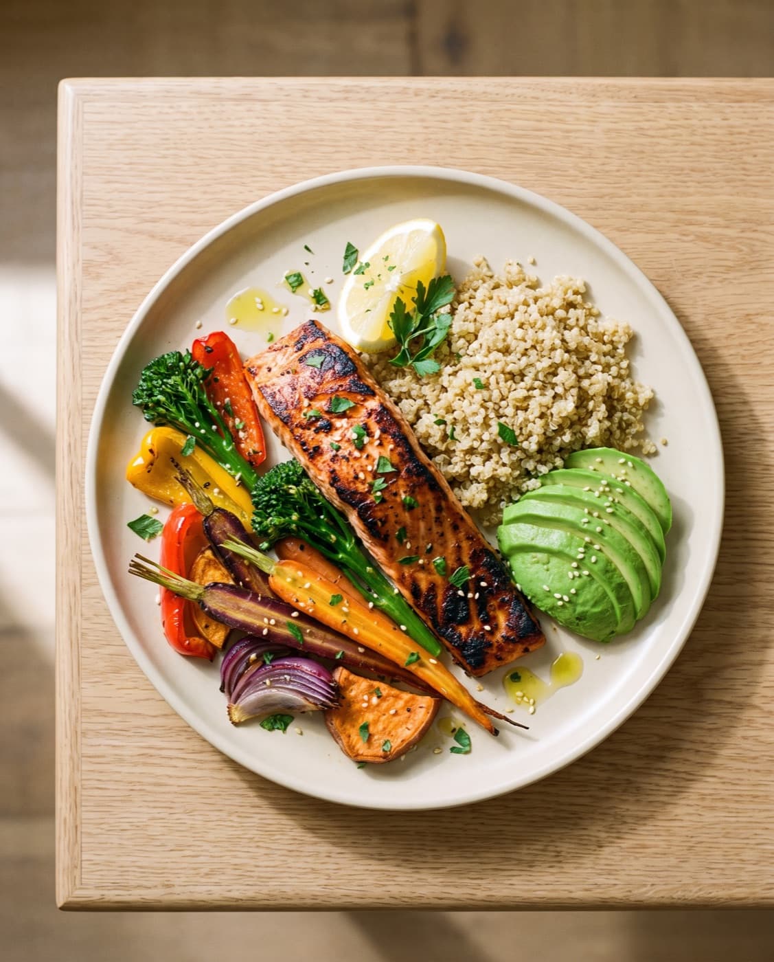 Fresh plated salmon, roasted vegetables, and quinoa